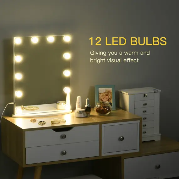 Buy Hollywood Mirror with Lights for Makeup Dressing Table, Lighted Vanity Mirror with 12 Dimmable LED Bulbs and USB Plug in Power Supply, White, 4 image