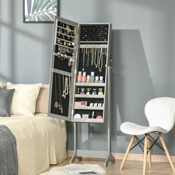 Buy Full Length Mirror with Storage, Jewellery Cabinet with Mirror, Adjustable Angle and Stand, Lockable Jewellery Organiser for Bedroom Dressing Room, Grey, 7 image