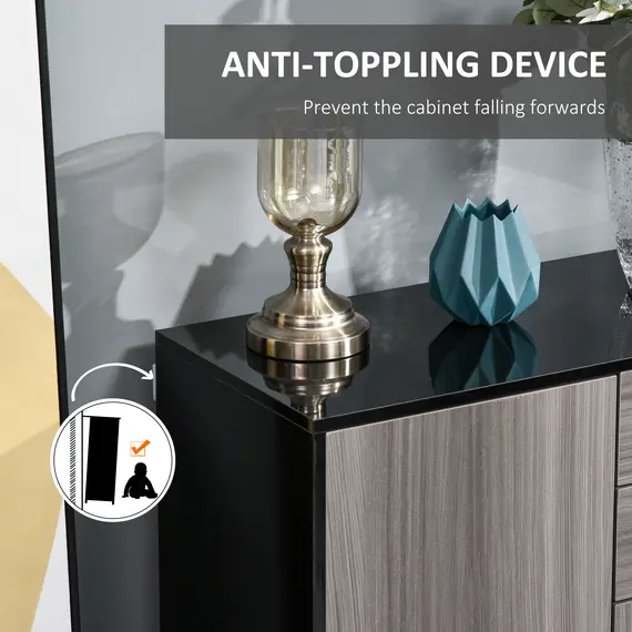 Buy High Gloss Side Cabinet, Push-Open Design with 2 Drawers and 2 Cabinets for Living Room, 74H x 117W x 36Dcm, Light Grey and Black, 7 image