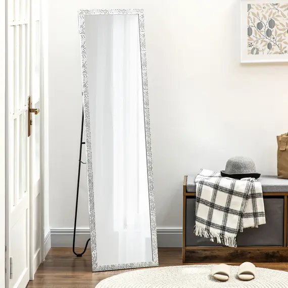 Buy Full Length Mirror Free Standing Mirror Dressing Mirror with PS Frame Modern Wall Mirror for Living Room and Bedroom 34 x 144cm, Silver, 2 image