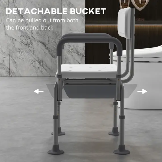 Buy Height Adjustable Shower Stool with Arms and Back, Non-Slip Bedside Commode with Detachable Bucket for Elderly, White, 7 image