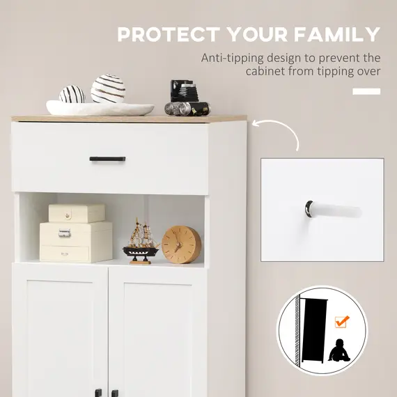 Buy Freestanding Kitchen Cupboard, Nordic Storage Cabinet with Drawer, Doors and Open Countertop for Living & Dining Room, 130cm, White, 6 image