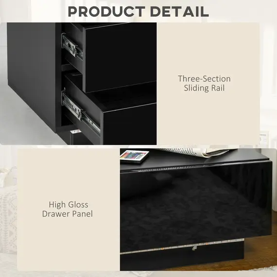 Buy High Gloss Front Bedside Table with Drawers Nightstand with RGB LED Light and Remote for Bedroom Living Room Black, 6 image