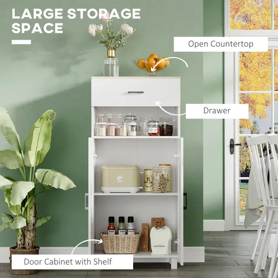 Buy Freestanding Kitchen Cupboard, Nordic Storage Cabinet with Drawer, Doors and Open Countertop for Living & Dining Room, 130cm, White, 4 image