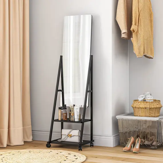 Buy Free Standing Dressing Mirror, Rolling Full Length Mirror on Wheels with Adjustable Angle, Storage Shelves for Bedroom, 2 image