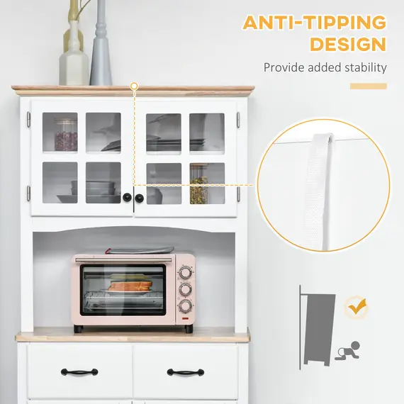 Buy Freestanding Kitchen Cupboard, Kitchen Storage Cabinet with Framed Glass Doors, 2 Drawers, Microwave Counter, White, 7 image