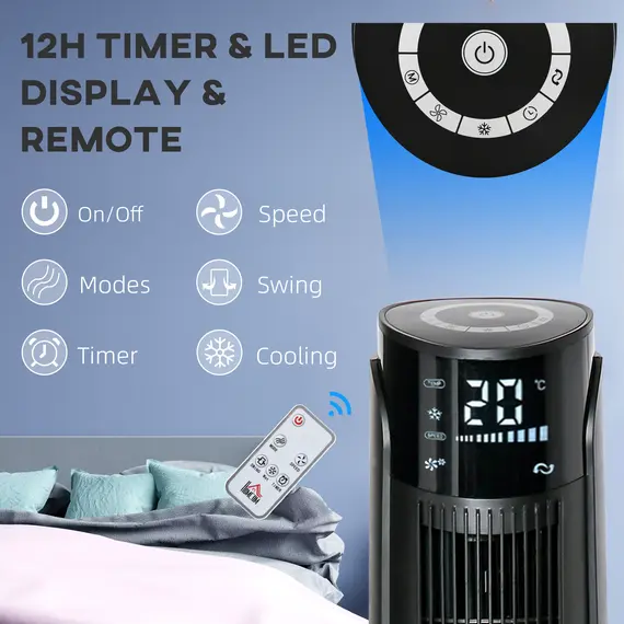 Buy Ice Cooling Tower Fan, Water Conditioner Evaporative Air Cooler Unit with 4 Modes, 3 Speed, Remote Control, Timer, Oscillating for Home Bedroom, Black, 8 image