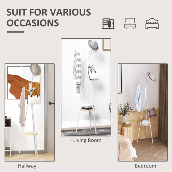 Buy Freestanding Metal Coat Rack Stand 9 Hooks Clothes Tree with 1 Shelf Hat Display Hall Tree Hanger Bag Umbrella Hanging Organiser White, 6 image