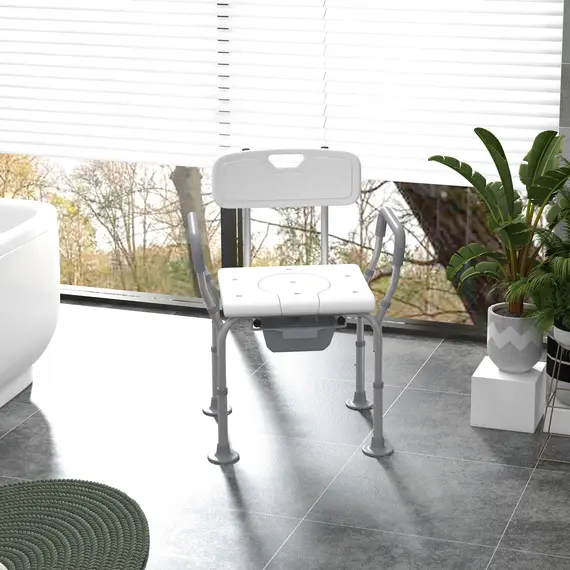 Buy Height Adjustable Shower Stool with Arms and Back, Non-Slip Bedside Commode with Detachable Bucket for Elderly, White, 2 image
