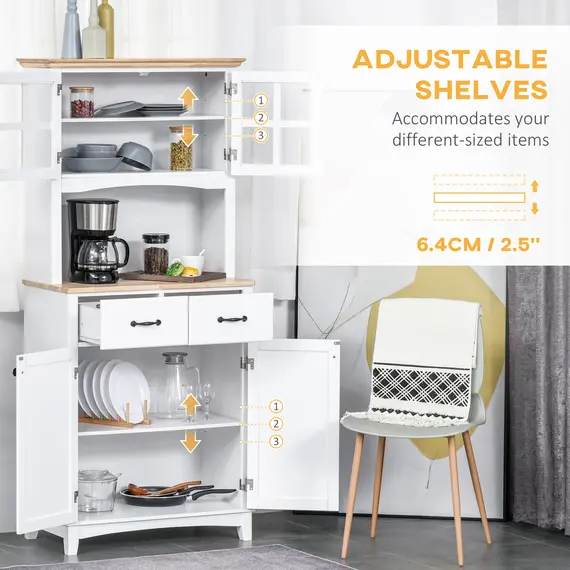 Buy Freestanding Kitchen Cupboard, Kitchen Storage Cabinet with Framed Glass Doors, 2 Drawers, Microwave Counter, White, 5 image