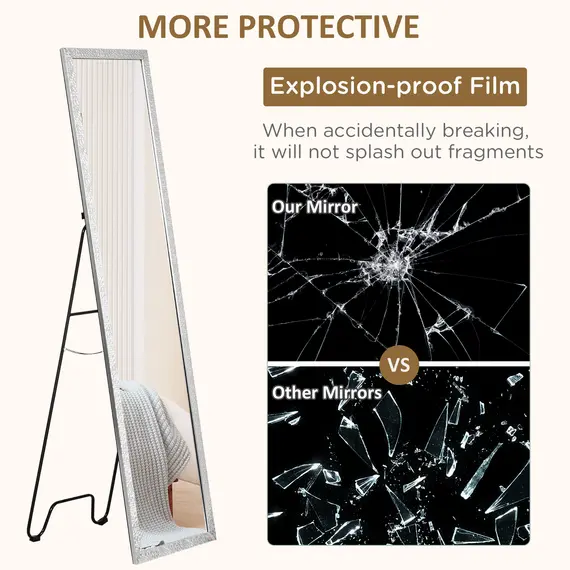 Buy Full Length Mirror Free Standing Mirror Dressing Mirror with PS Frame Modern Wall Mirror for Living Room and Bedroom 34 x 144cm, Silver, 6 image