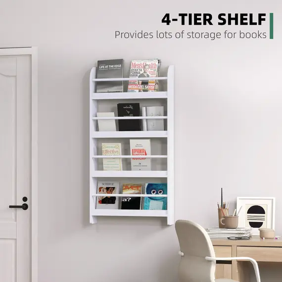 Buy Hanging Wall File Holder, 4 Tier Desk Tidy Organiser, Paper Document Magazine Storage Rack with Wooden Baffles for Office Home, Accessories Supplies, White, 5 image