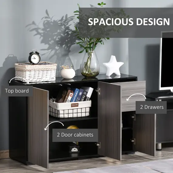 Buy High Gloss Side Cabinet, Push-Open Design with 2 Drawers and 2 Cabinets for Living Room, 74H x 117W x 36Dcm, Light Grey and Black, 4 image