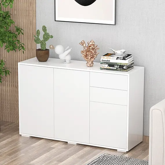 Buy High Gloss Side Cabinet, Push-Open Design with 2 Drawers and 2 Cabinets for Living Room, 74H x 117W x 36Dcm, White, 2 image