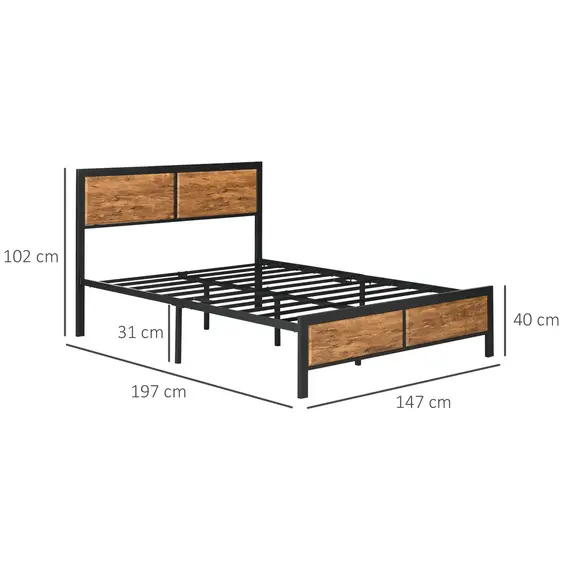 Buy Industrial Double Bed Frame, 5FT Steel Bed Base with Headboard, Footboard, Slatted Support and Under Bed Storage, 147 x 197cm, Rustic Brown, 3 image