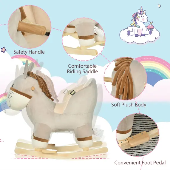 Buy Kids Children Rocking Horse Plush Ride On Donkey Seat w/ Sound Wood Base Seat Safety Belt Toddler Baby Toy Rocker Grey 18 - 36 Months, 5 image