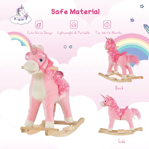 Buy Kids Plush Rocking Horse Ride On Unicorn w/ Sound Moving Mouth Wagging Tail Children Rocker Toy Gift 3-6 Years Pink, 7 image