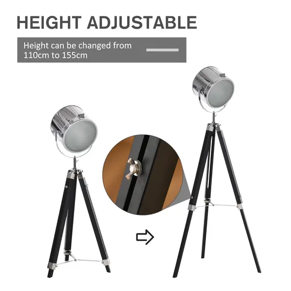 Buy Industrial Style Adjustable Tripod Floor Lamp, Searchlight Lamp with Wooden Legs and Steel Lampshade, 110-155cm, Black, 4 image