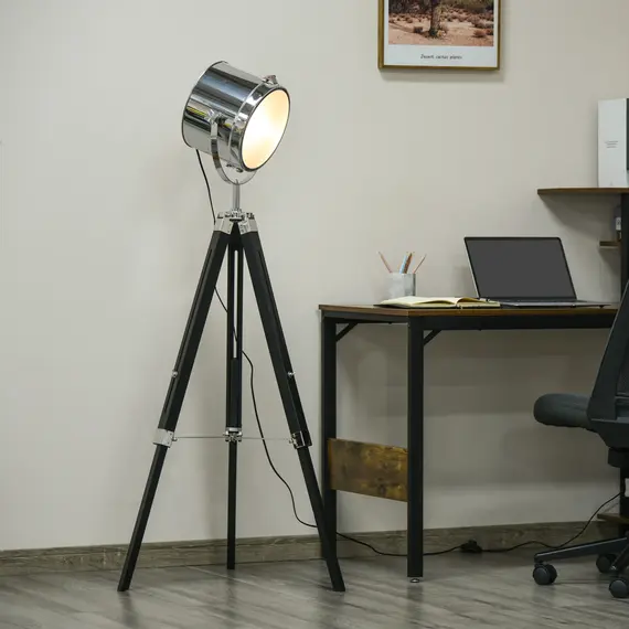 Buy Industrial Style Adjustable Tripod Floor Lamp, Searchlight Lamp with Wooden Legs and Steel Lampshade, 110-155cm, Black, 2 image