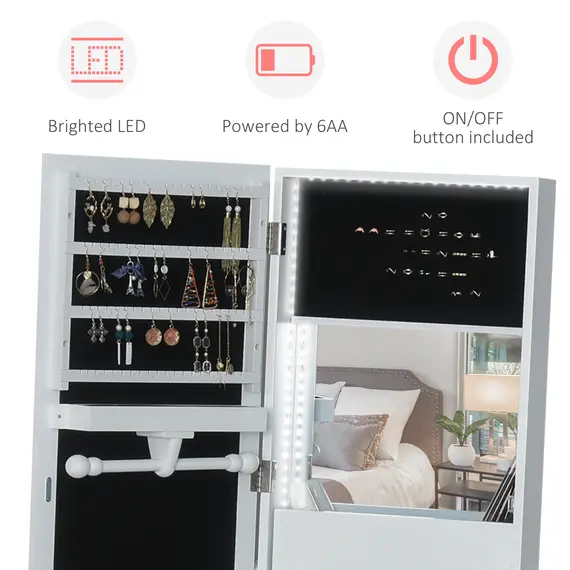 Buy Jewellery Cabinet, Standing Mirror with LED Lights, Full-Length Mirror with Storage Drawers, Hooks and Shelves, Make-Up Armoire, Jewellery Organiser for Bedroom, White, 4 image