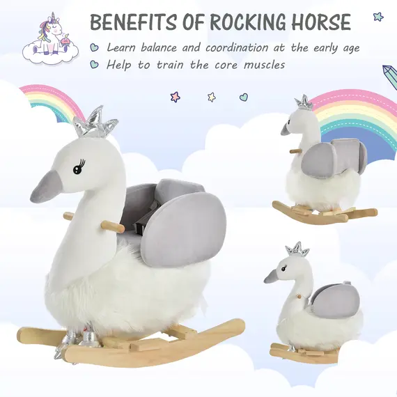 Buy Kids Children Rocking Horse Plush Ride On Swan w/ Sound Wood Base Seat Safety Belt Toddler Baby Toy Rocker 18 - 36 Months, 5 image
