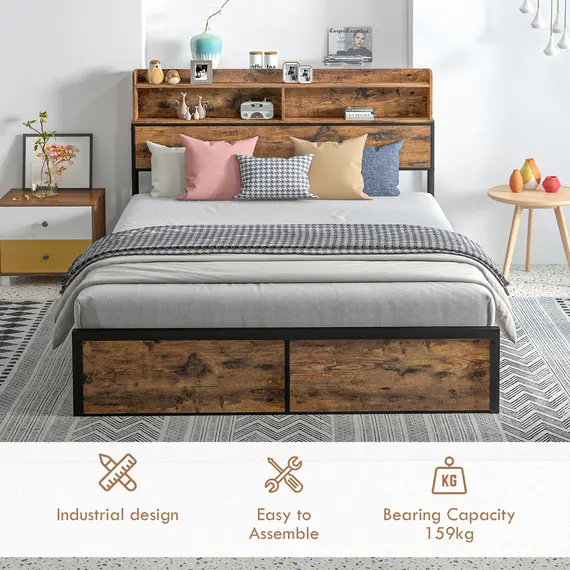 Buy Industrial King Bed Frame, 5.2FT Steel Bed Base with Storage Headboard, Footboard, Slatted Support and Under Bed Storage, 158 x 222cm, Rustic Brown, 6 image