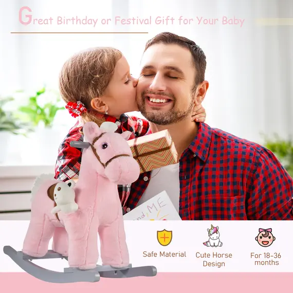 Buy Kids Plush Ride-On Rocking Horse Toy Rocker with Plush Toy Realistic Sounds for Child 18-36 Months Pink, 4 image