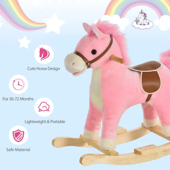 Buy Kids Plush Rocking Horse w/ Sound Moving Mouth Wagging Tail Children Rocker Ride On Toy Gift 3-6 Years Pink, 5 image