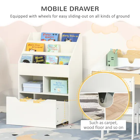 Buy Kids Bookshelf, Toy Organiser, with Storage Drawer, Wheels - White, 6 image