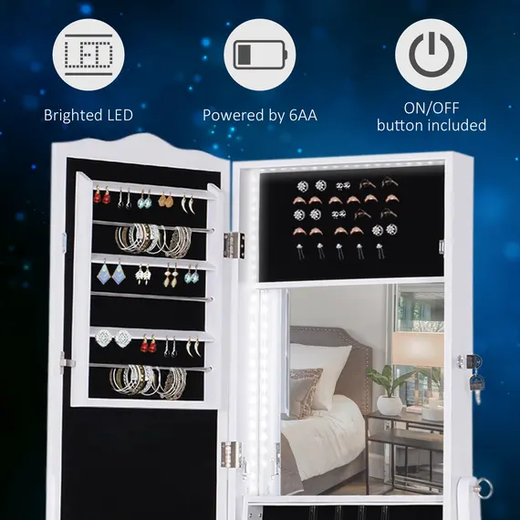 Buy Jewellery Cabinet with led, mirroir Cabinet Armoire Floor Standing Flip-over Makeup Shelf Organizer with lock white, 4 image