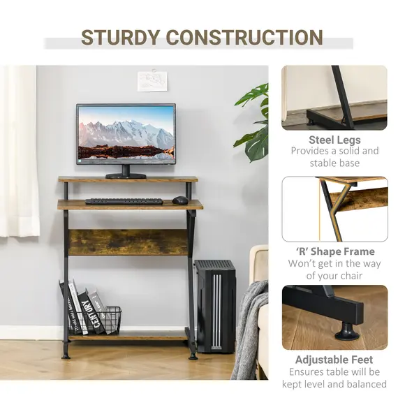 Buy Industrial Computer Desk with Monitor Stand, 70 x 60cm Compact Desk for Small Spaces, Home Office Desk, Rustic Brown, 5 image