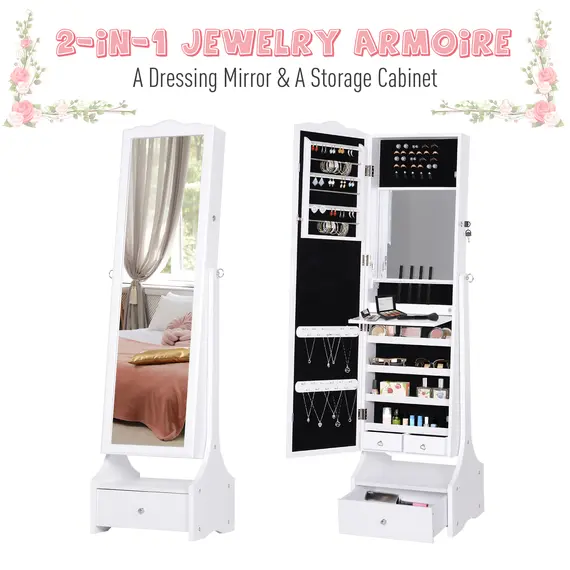 Buy Jewellery Cabinet with led, mirroir Cabinet Armoire Floor Standing Flip-over Makeup Shelf Organizer with lock white, 8 image