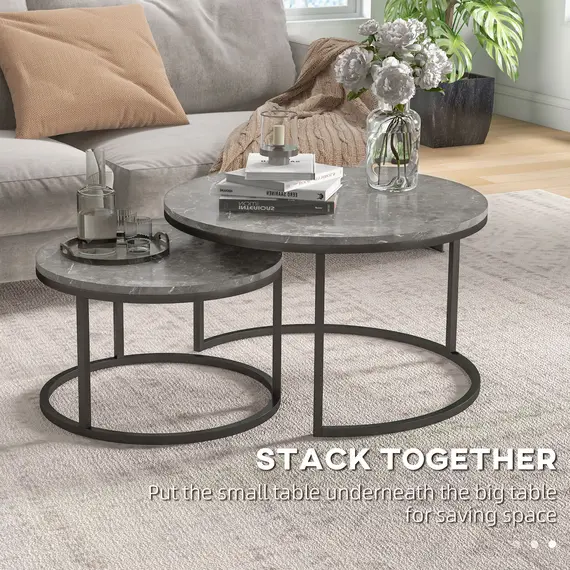 Buy Industrial Nesting Coffee Table Set of 2, Round Coffee Tables, Living Room Table with Faux Marbled Top and Steel Frame, 4 image