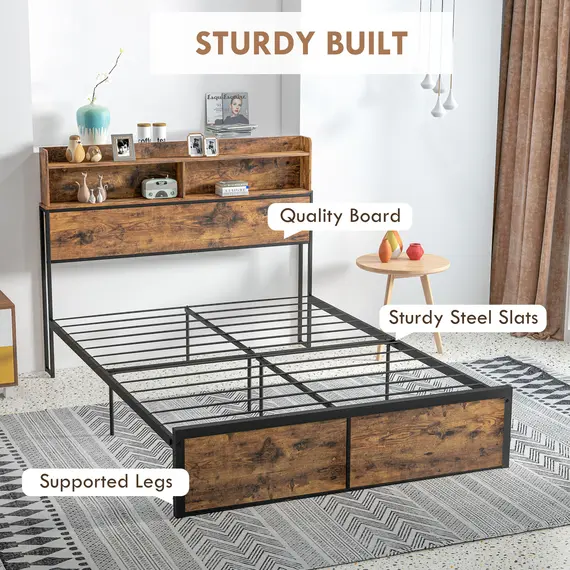 Buy Industrial Double Bed Frame, 4.8FT Steel Bed Base with Storage Headboard, Footboard, Slatted Support and Under Bed Storage, 145 x 209cm, Rustic Brown, 7 image
