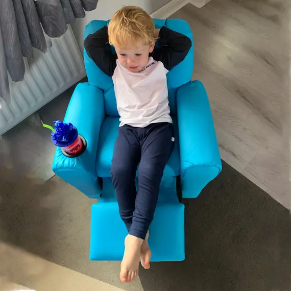 Buy Kids Recliner Chair, PU Leather with Adjustable Backrest, Footrest, Padded Headrest, Blue, 8 image