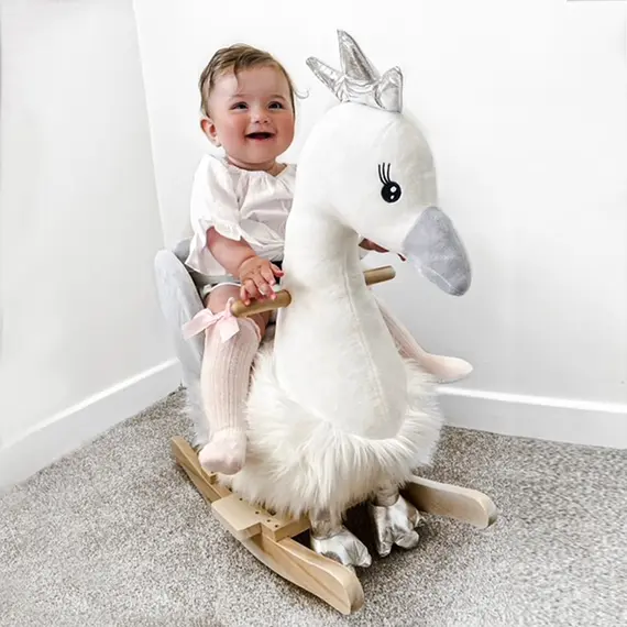 Buy Kids Children Rocking Horse Plush Ride On Swan w/ Sound Wood Base Seat Safety Belt Toddler Baby Toy Rocker 18 - 36 Months, 8 image