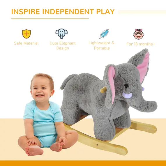 Buy Kids Children Rocking Horse Plush Ride on Animal Wooden Riding Traditional Rocker Gift w/32 nursery rhymes (Grey Elephant), 4 image