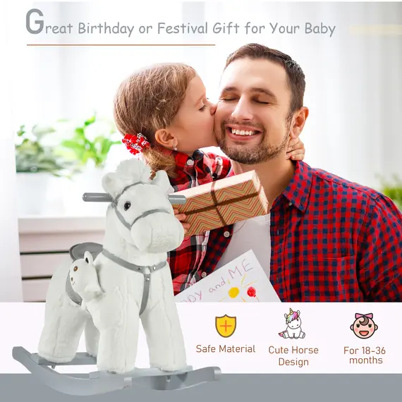 Buy Kids Plush Ride-On Rocking Horse Toy Rocker with Plush Toy Realistic Sounds for Child 18-36 Months White, 4 image