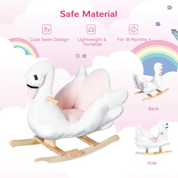 Buy Kids Rocking Horse Plush Ride On Swan Toy w/ Safety Seat for Toddler 18 Months +, White and Pink, 5 image