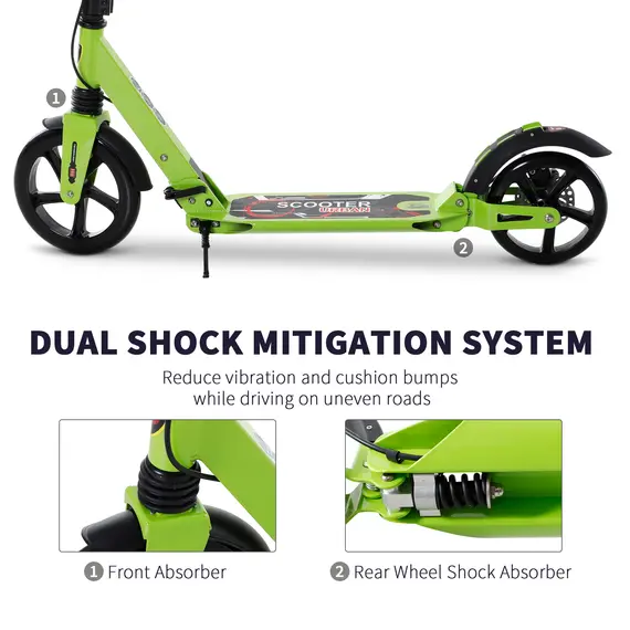 Buy Kick Scooter, Folding 2 Wheel Scooter for 14+ Teens Adults, with Dual Brake System, Dual Suspension, 230mm Big Wheels, 3 Adjustable Handlebar, up to 100KG, Green, 7 image