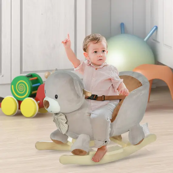 Buy Kids Children Rocking Horse Plush Ride On Bear Seat w/ Sound Wood Base Seat Safety Belt Toddler Baby Toy for 18-36 Months Grey, 2 image
