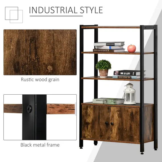 Buy Industrial Bookshelf, Storage Cabinet with 3-Tier with Doors, for Home Office, Living Room Rustic Brown, 5 image