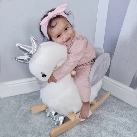 Buy Kids Children Rocking Horse Plush Ride On Swan w/ Sound Wood Base Seat Safety Belt Toddler Baby Toy Rocker 18 - 36 Months, 9 image