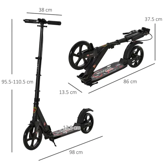 Buy Kick Scooter, Folding 2 Wheel Scooter for 14+ Teens Adults, with Dual Brake System, Dual Suspension, 230mm Big Wheels, 3 Adjustable Handlebar, up to 100KG, Black, 3 image