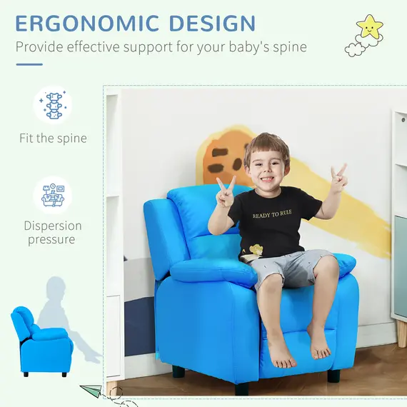 Buy Kids Children Recliner Lounger Armchair Games Chair Sofa Seat PU Leather Look w/ Storage Space on Arms (Blue), 7 image