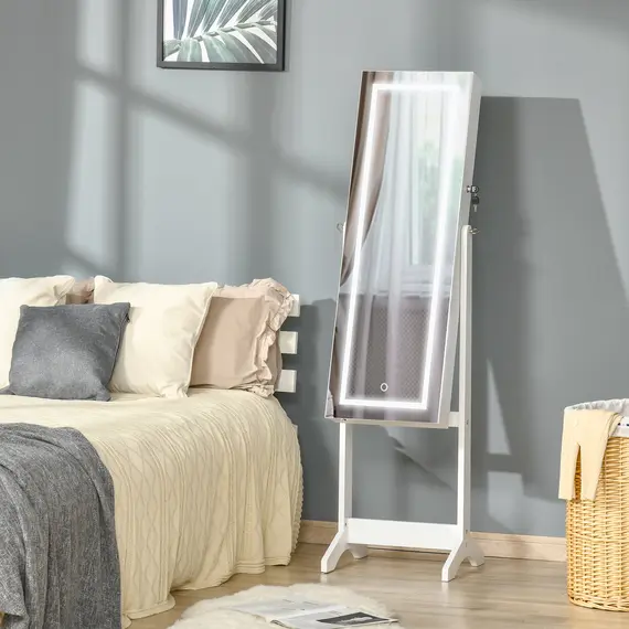 Buy Jewellery Cabinet with LED Light, Lockable Jewellery Organiser with Full-Length Mirror for Bedroom Dressing Room, White, 2 image