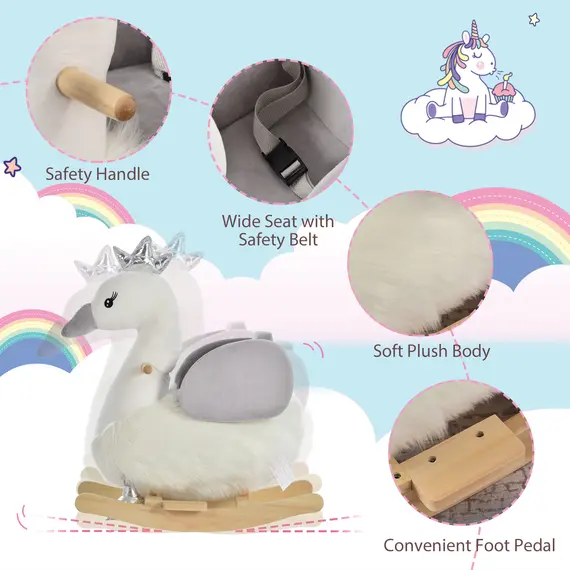 Buy Kids Children Rocking Horse Plush Ride On Swan w/ Sound Wood Base Seat Safety Belt Toddler Baby Toy Rocker 18 - 36 Months, 4 image