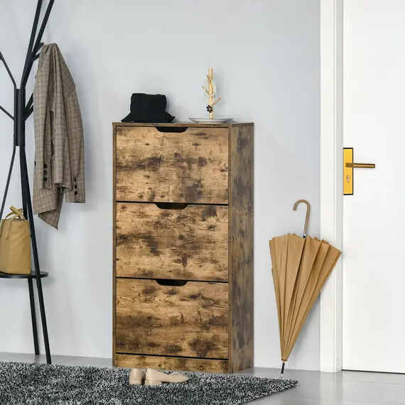 Buy Industrial Shoe Cabinet with 3 Flip Drawers, Narrow Shoe Storage Cabinet for 18 Pairs, Freestanding Slim Shoe Storage Organiser for Entryway, Hallway, Rustic Brown, 2 image