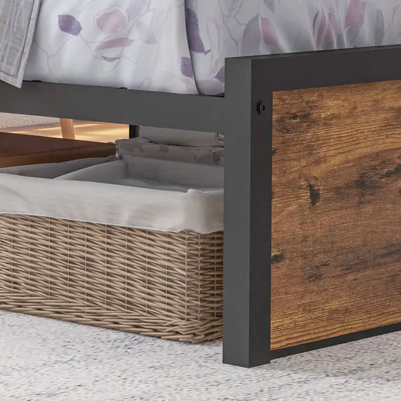 Buy Industrial Single Bed Frame, 3.1FT Steel Bed Base with Storage Headboard, Footboard, Slatted Support and Under Bed Storage, 95 x 209cm, Rustic Brown, 9 image