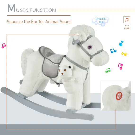 Buy Kids Plush Ride-On Rocking Horse Toy Rocker with Plush Toy Realistic Sounds for Child 18-36 Months White, 6 image
